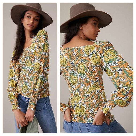 Anthropologie The Rayna Button Down Smocked Top Puff Sleeve Floral Women's XS - Picture 9 of 9